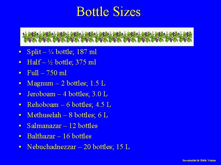 Bottle Sizes • • • Split – ¼ bottle; 187 ml Half – ½