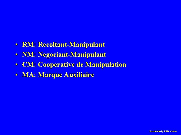  • • RM: Recoltant-Manipulant NM: Negociant-Manipulant CM: Cooperative de Manipulation MA: Marque Auxiliaire