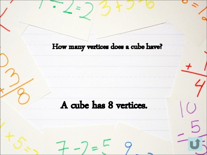 How many vertices does a cube have? A cube has 8 vertices. 