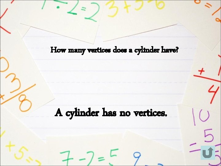 How many vertices does a cylinder have? A cylinder has no vertices. 