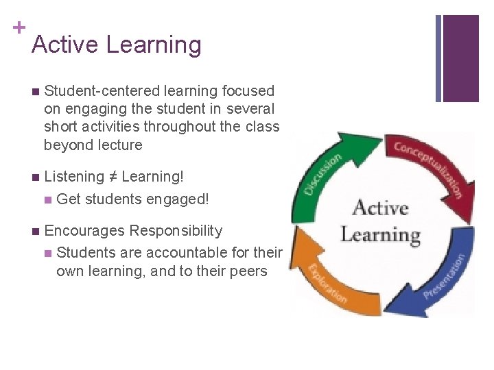 + Active Learning n Student-centered learning focused on engaging the student in several short