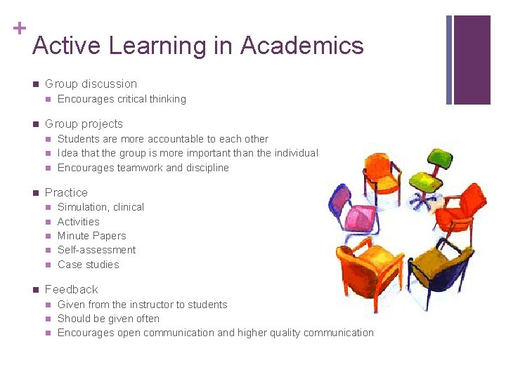 + Active Learning in Academics n Group discussion n n Group projects n n