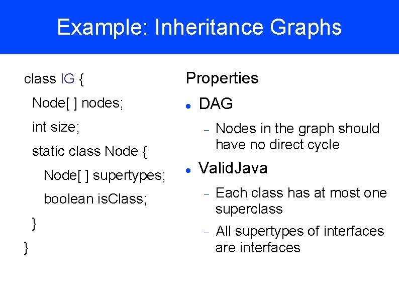 Example: Inheritance Graphs class IG { Node[ ] nodes; Properties int size; DAG static
