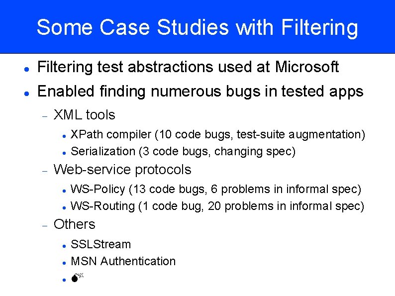 Some Case Studies with Filtering test abstractions used at Microsoft Enabled finding numerous bugs