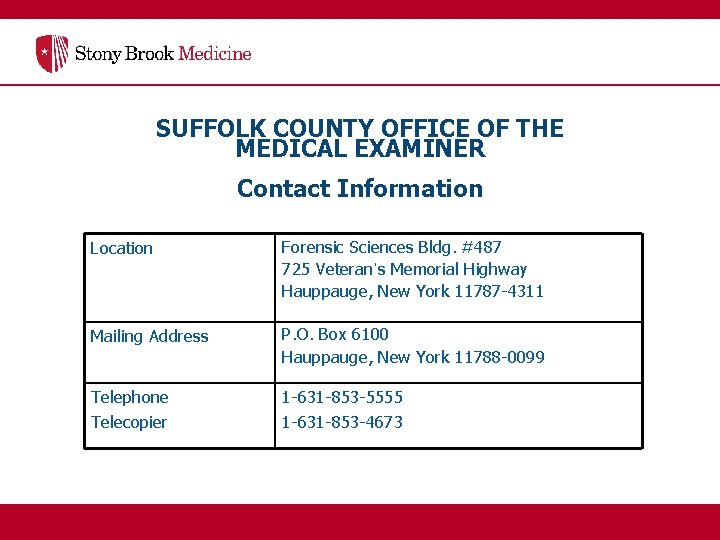 SUFFOLK COUNTY OFFICE OF THE MEDICAL EXAMINER Contact Information Location Forensic Sciences Bldg. #487