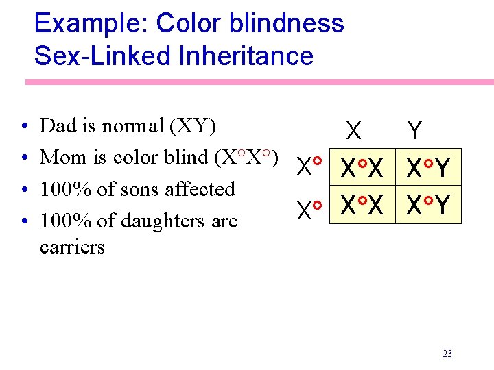 Example: Color blindness Sex-Linked Inheritance • • Dad is normal (XY) Mom is color