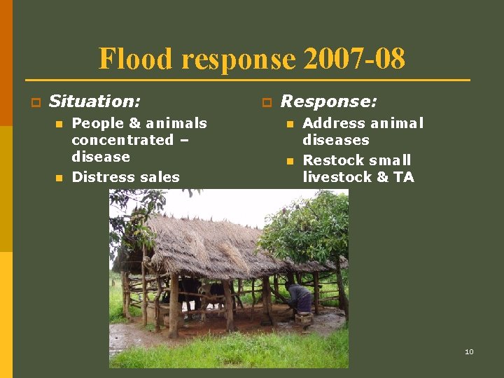 Flood response 2007 -08 p Situation: n n People & animals concentrated – disease