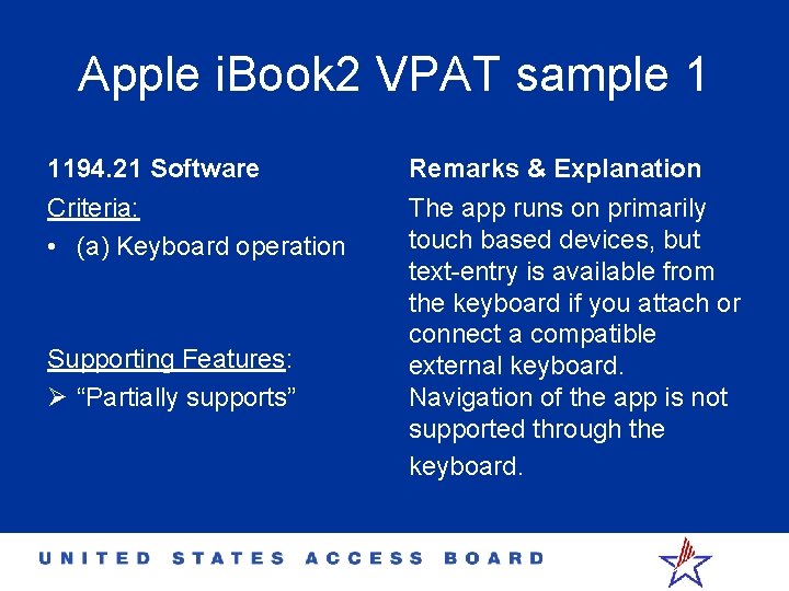 Apple i. Book 2 VPAT sample 1 1194. 21 Software Remarks & Explanation Criteria: