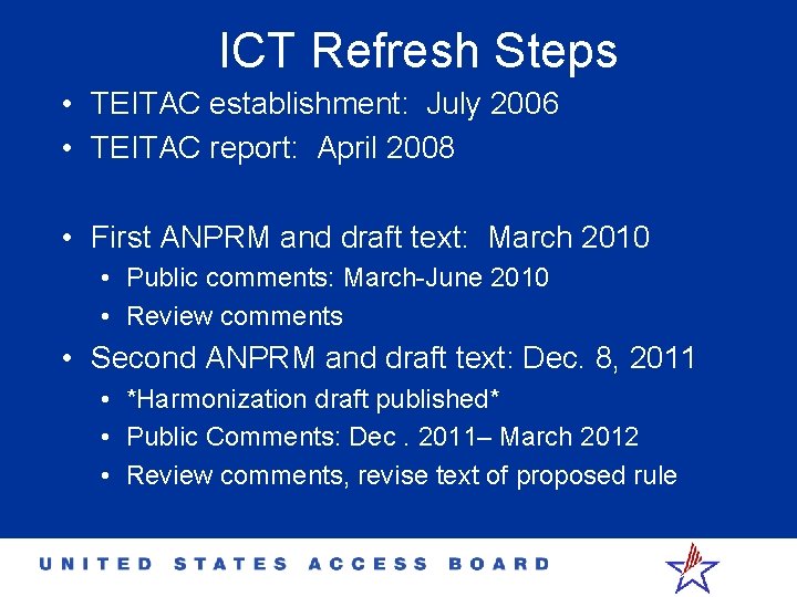 ICT Refresh Steps • TEITAC establishment: July 2006 • TEITAC report: April 2008 •