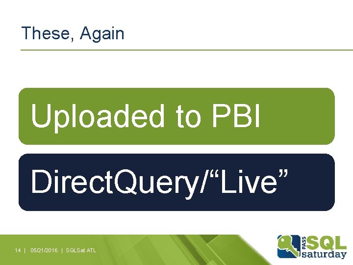 These, Again Uploaded to PBI Direct. Query/“Live” 14 | 05/21/2016 | SQLSat ATL 