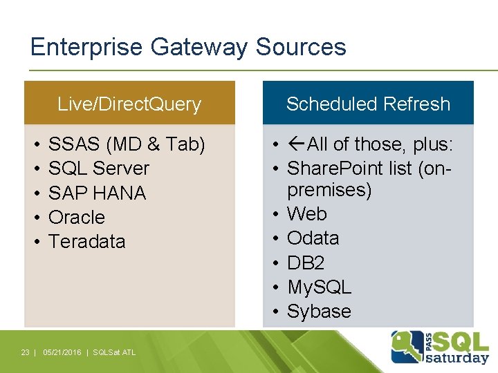 Enterprise Gateway Sources • • • Live/Direct. Query Scheduled Refresh SSAS (MD & Tab)
