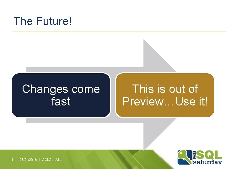 The Future! Changes come fast 41 | 05/21/2016 | SQLSat ATL This is out