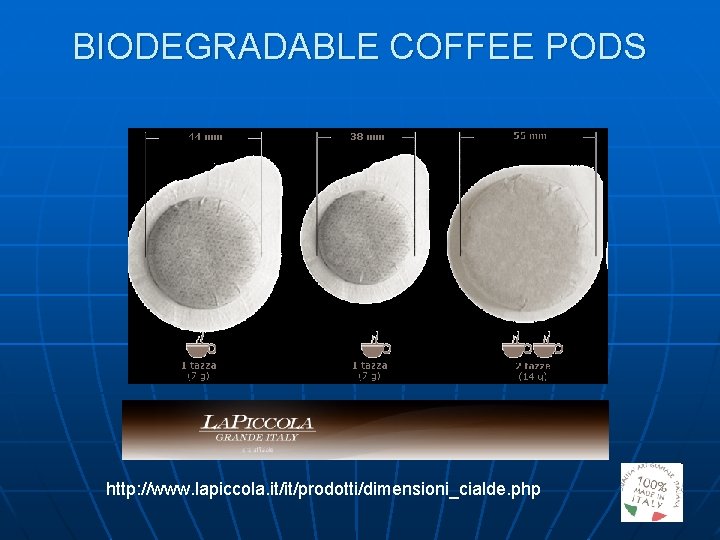 BIODEGRADABLE COFFEE PODS http: //www. lapiccola. it/it/prodotti/dimensioni_cialde. php 