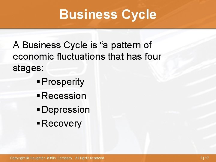 Business Cycle A Business Cycle is “a pattern of economic fluctuations that has four