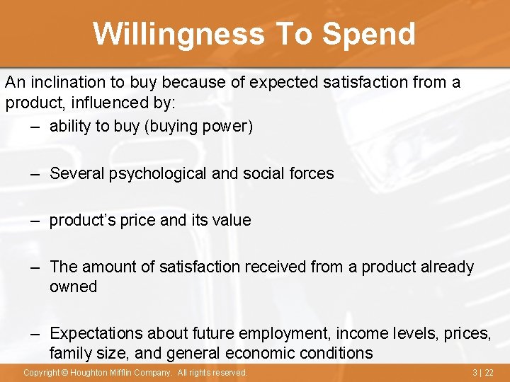 Willingness To Spend An inclination to buy because of expected satisfaction from a product,