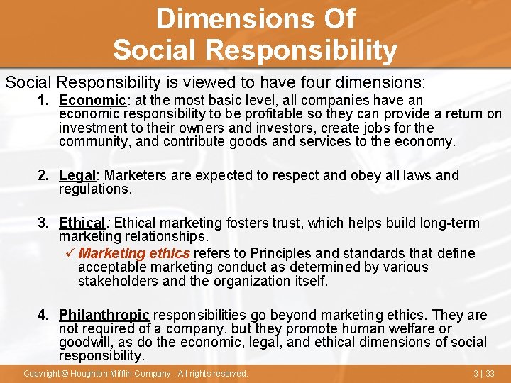Dimensions Of Social Responsibility is viewed to have four dimensions: 1. Economic: at the