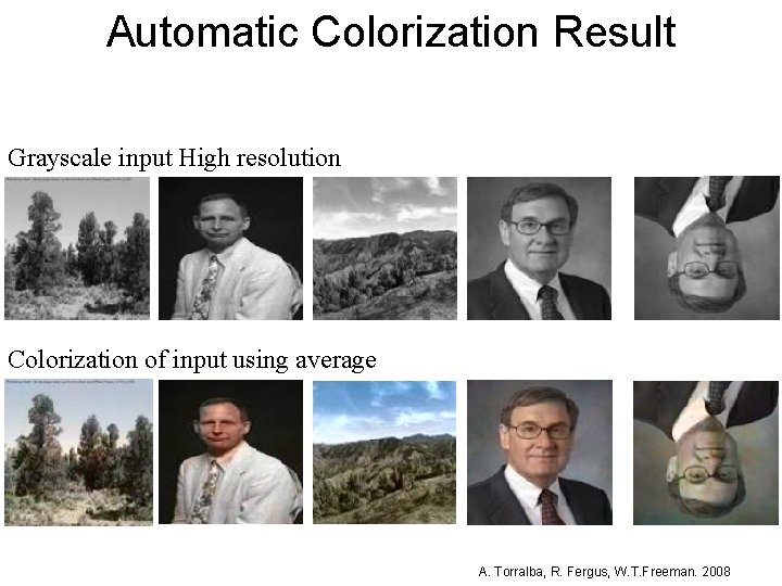 Automatic Colorization Result Grayscale input High resolution Colorization of input using average A. Torralba,