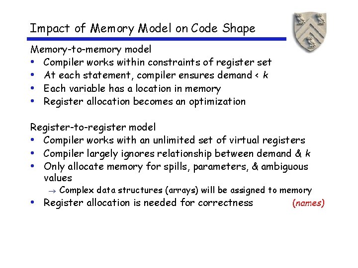 Impact of Memory Model on Code Shape Memory-to-memory model • Compiler works within constraints