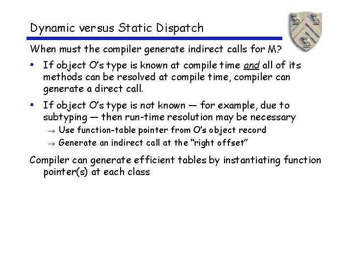 Dynamic versus Static Dispatch When must the compiler generate indirect calls for M? •