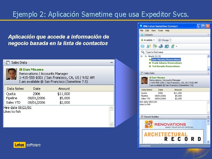 Ejemplo 2: Aplicación Sametime que usa Expeditor Svcs. Aplicación que accede a información de