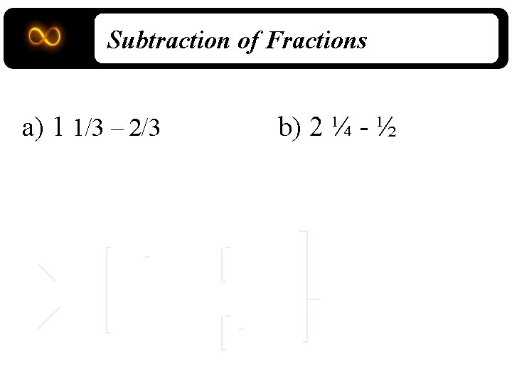 Subtraction of Fractions a) 1 1/3 – 2/3 b) 2 ¼ - ½ 