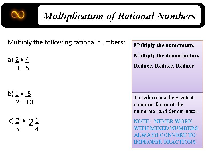 Multiplication of Rational Numbers Multiply the following rational numbers: a) 2 x 4 3