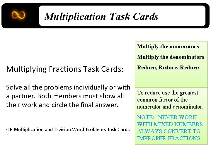 Multiplication Task Cards Multiply the numerators Multiply the denominators Multiplying Fractions Task Cards: Solve