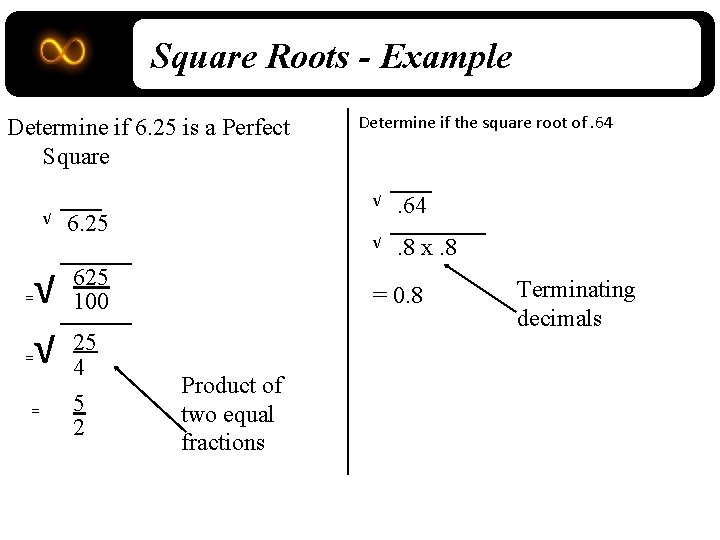 Square Roots - Example Determine if 6. 25 is a Perfect Square √ √