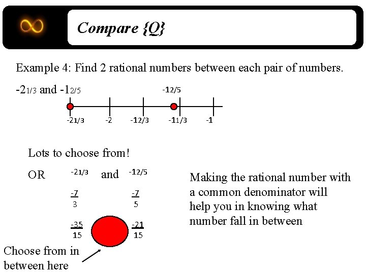 Compare {Q} Example 4: Find 2 rational numbers between each pair of numbers. -21/3