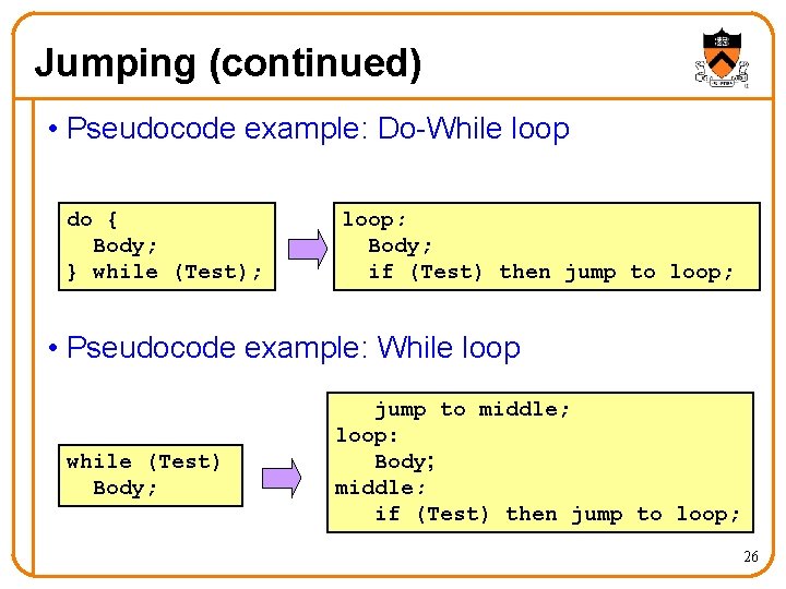 Jumping (continued) • Pseudocode example: Do-While loop do { Body; } while (Test); loop: