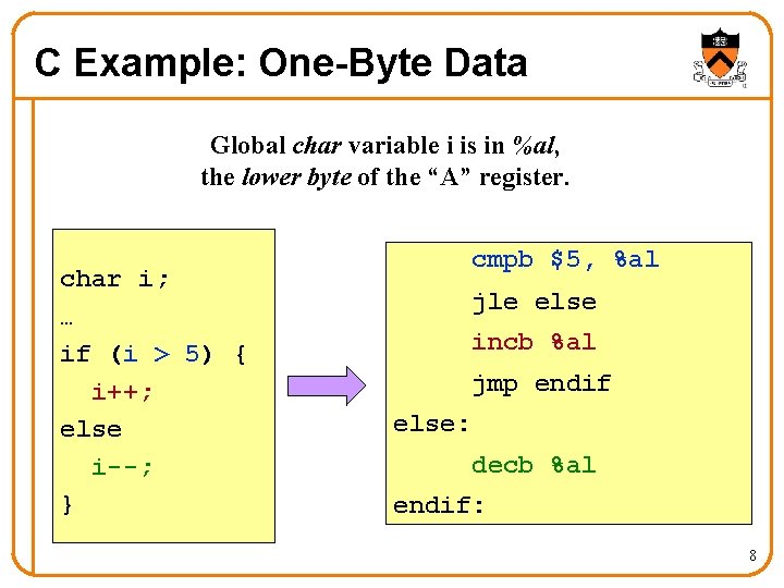 C Example: One-Byte Data Global char variable i is in %al, the lower byte