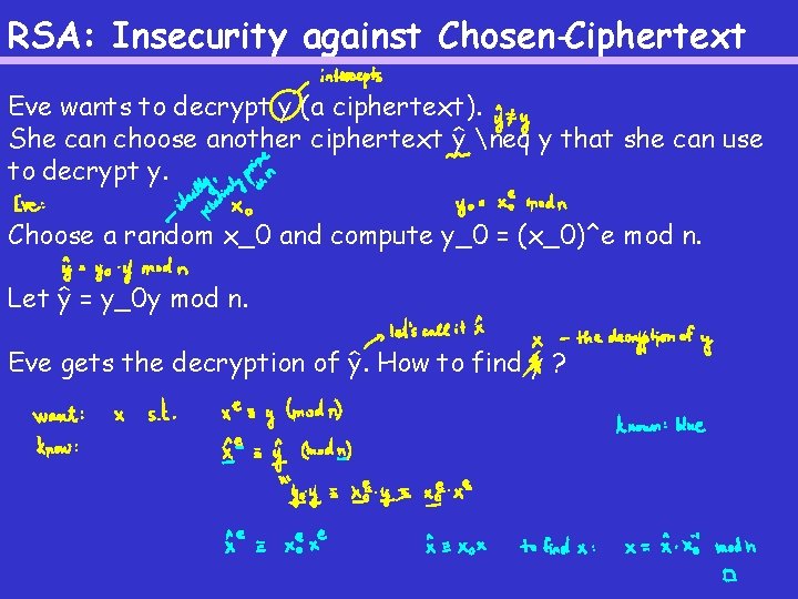 RSA: Insecurity against Chosen-Ciphertext Eve wants to decrypt y (a ciphertext). She can choose