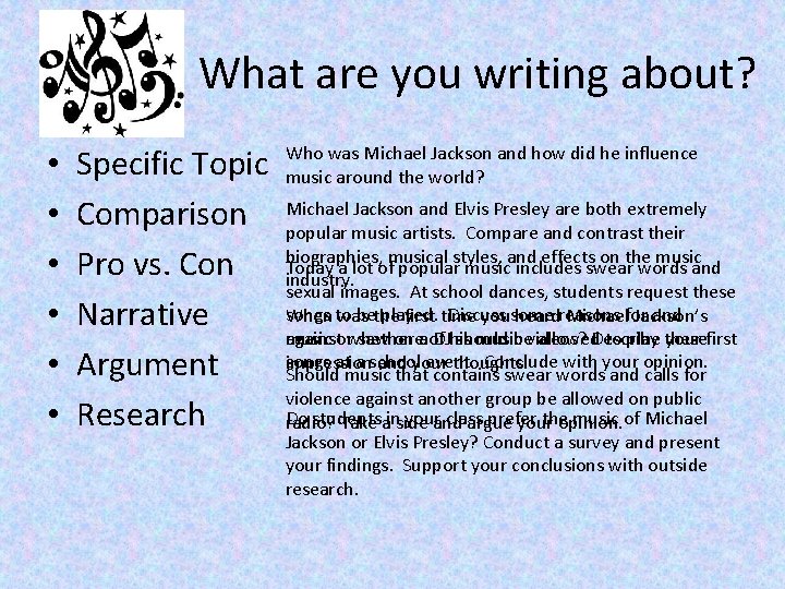 What are you writing about? • • • Specific Topic Comparison Pro vs. Con