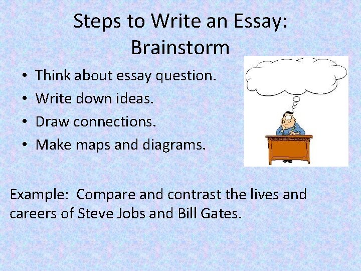 Steps to Write an Essay: Brainstorm • • Think about essay question. Write down