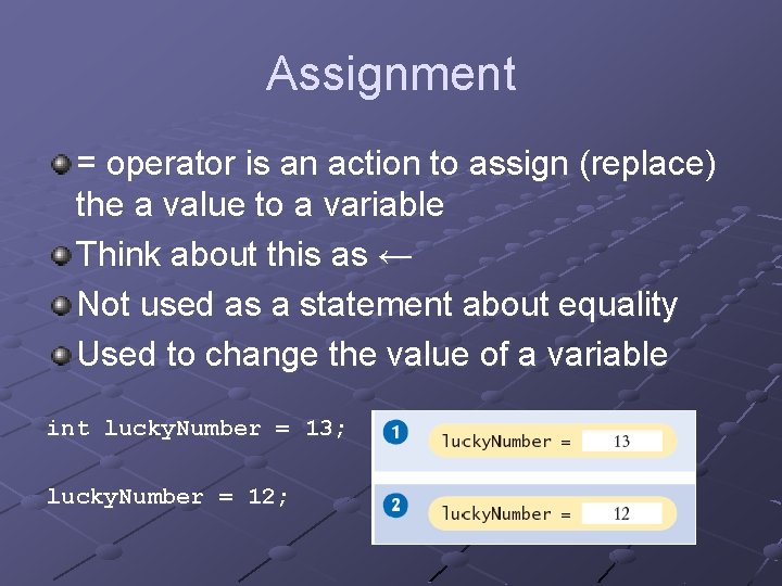 Assignment = operator is an action to assign (replace) the a value to a