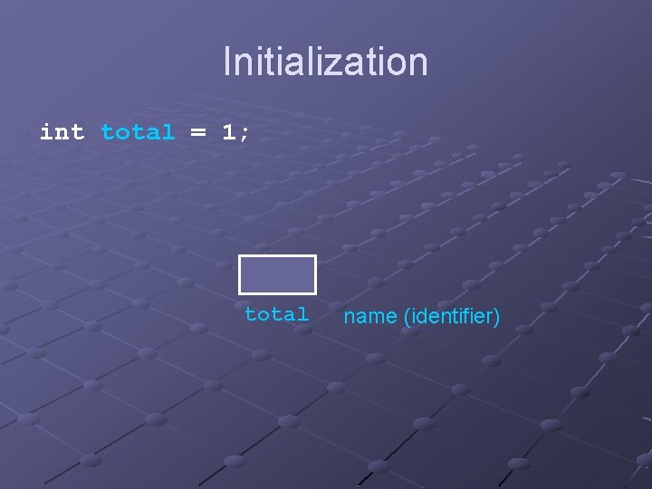 Initialization int total = 1; total name (identifier) 