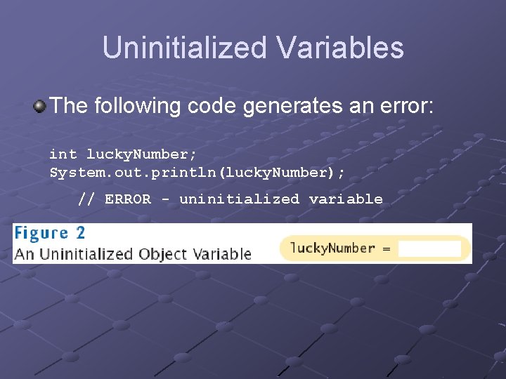 Uninitialized Variables The following code generates an error: int lucky. Number; System. out. println(lucky.