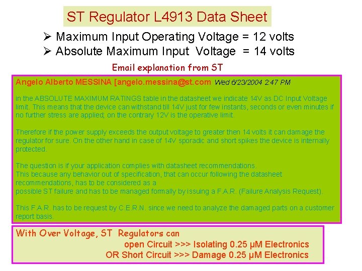 ST Regulator L 4913 Data Sheet Ø Maximum Input Operating Voltage = 12 volts