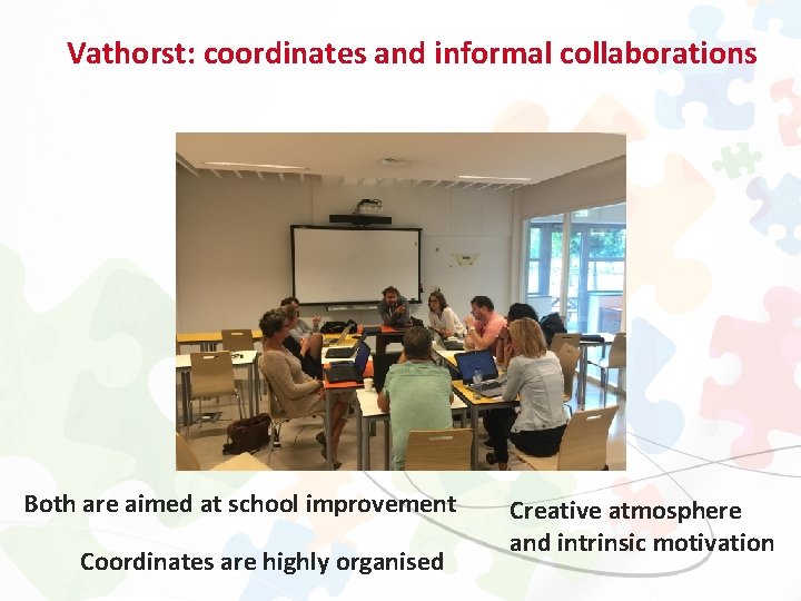 Vathorst: coordinates and informal collaborations Both are aimed at school improvement Coordinates are highly