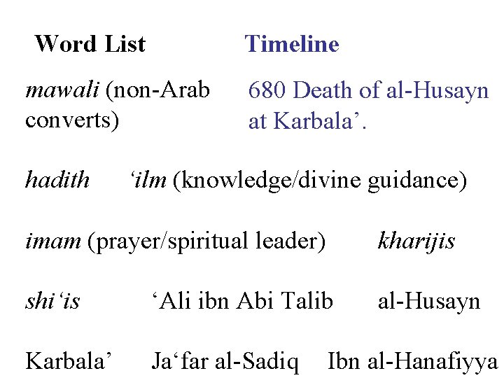 Word List Timeline mawali (non-Arab converts) hadith 680 Death of al-Husayn at Karbala’. ‘ilm