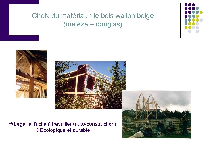 Choix du matériau : le bois wallon belge (mélèze – douglas) Léger et facile
