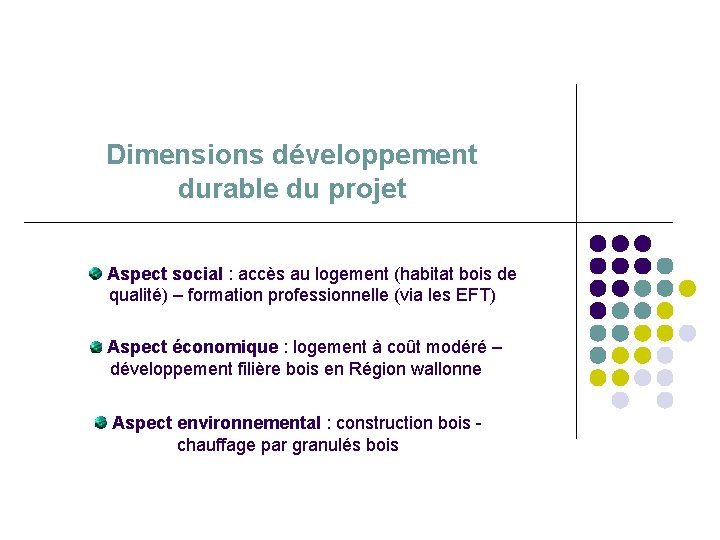 Dimensions développement durable du projet Aspect social : accès au logement (habitat bois de
