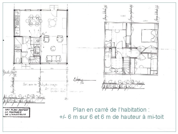 Plan en carré de l’habitation : +/- 6 m sur 6 et 6 m