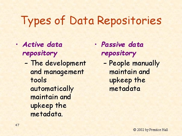 Types of Data Repositories • Active data repository – The development and management tools