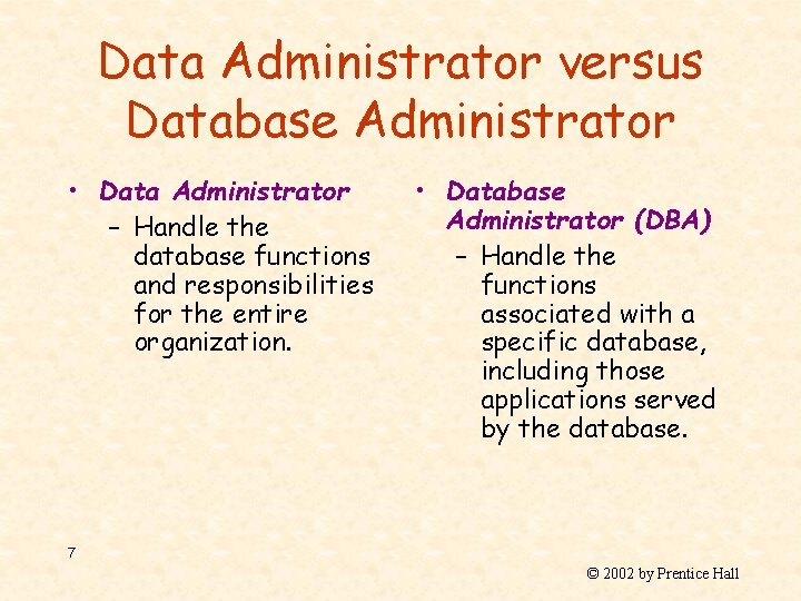 Data Administrator versus Database Administrator • Data Administrator – Handle the database functions and