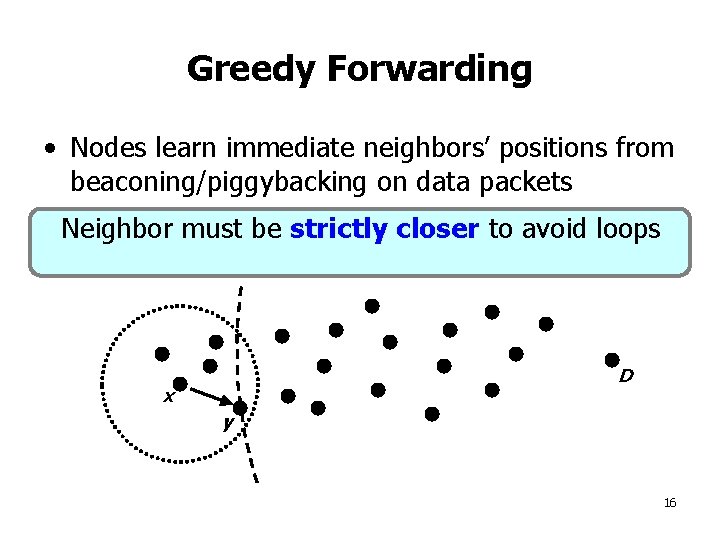 Greedy Forwarding • Nodes learn immediate neighbors’ positions from beaconing/piggybacking on data packets •
