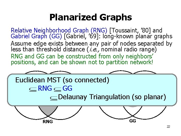 Planarized Graphs Relative Neighborhood Graph (RNG) [Toussaint, ’ 80] and Gabriel Graph (GG) [Gabriel,