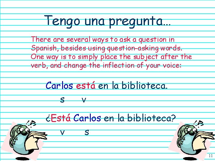 Tengo una pregunta… There are several ways to ask a question in Spanish, besides