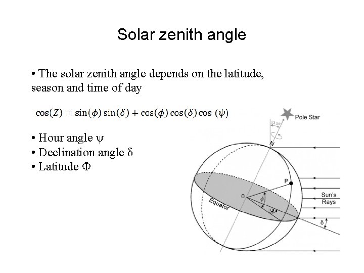 Solar zenith angle • The solar zenith angle depends on the latitude, season and