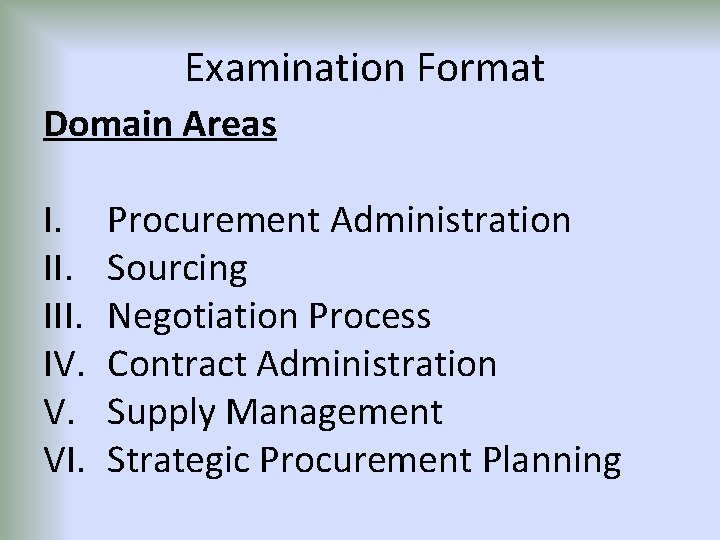 Examination Format Domain Areas I. III. IV. V. VI. Procurement Administration Sourcing Negotiation Process